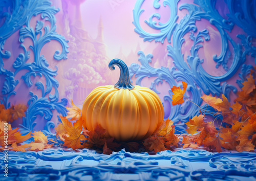 Surreal mystical Halloween scene with a pumpkin  irregular ornament shapes in the background  orange and bright blue color palette. Trendy autumn wallpaper. Generative AI.