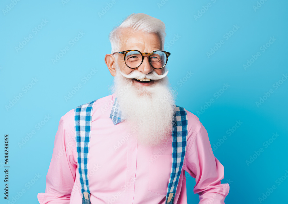 An older man with sunglasses dressed in punk style posing in front of a minimal background and laughing heartily. Generative AI.