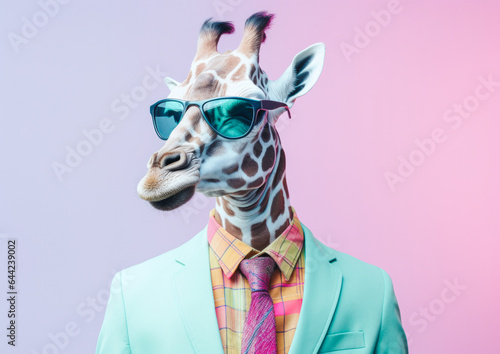 A giraffe with glasses dressed in elegant pastel suit posing in front of a minimal background. Generative AI. © Popovo