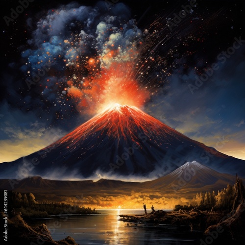 an awe-inspiring artwork featuring a majestic volcano against a starry night sky, with a fiery eruption illuminating the darkness
