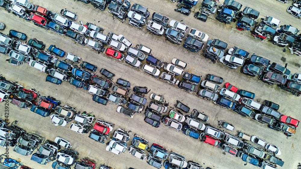 Aerial view image of scrap cars. Aerial view of old cars. Cars for spare parts