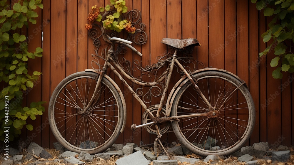 An old cycle kept in support to a wall at outdoors 