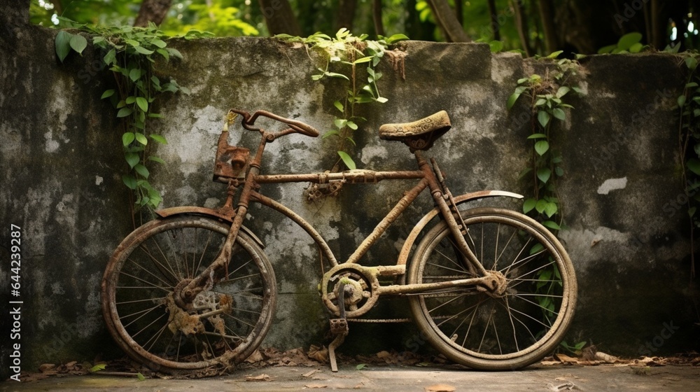 An old cycle kept in support to a wall at outdoors 