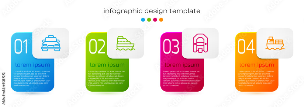 Set line Taxi car, Cruise ship, Rafting boat and Cargo with boxes delivery. Business infographic template. Vector Set line Taxi car, Cruise ship, Rafting boat and Cargo with boxes delivery. Business infographic template. Vector