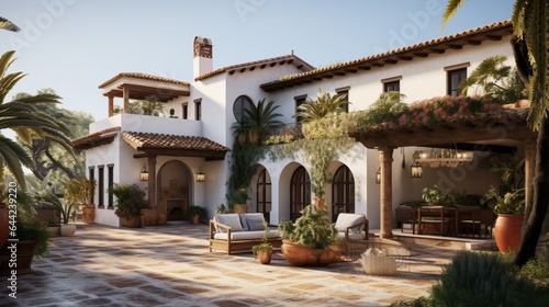 an elegant Mediterranean-style villa with terracotta roofs and a picturesque courtyard 