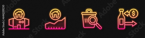 Set line Searching for food, Homeless cardboard house, Rising cost of housing and Reception glass bottles. Glowing neon icon. Vector