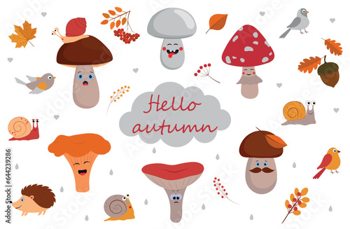 Cute cartoon funny autumn set. Collection of mushrooms, birds, leaves, rowan, snails and acorn. Kids season vector illustration isolated on white background