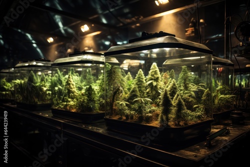 cannabis marijuana science lab farming for increse THC, CBD chemical on cannabis flower. Cannabis greenhouse control environment for medical industry. Medical Cannabis Concept with a copy space.