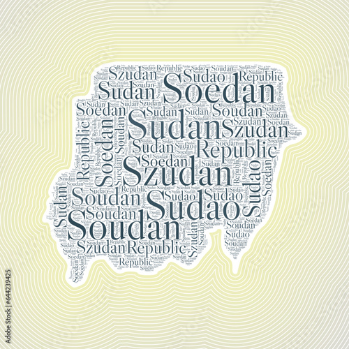 Sudan shape formed by country name in multiple languages. Sudan border on stylish striped gradient background. Vibrant poster. Neat vector illustration.