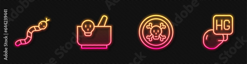 Set line Bones and skull, Snake, Mortar pestle and Drop of mercury. Glowing neon icon. Vector