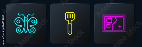 Set line Butterfly, Folded map and Spatula. Black square button. Vector