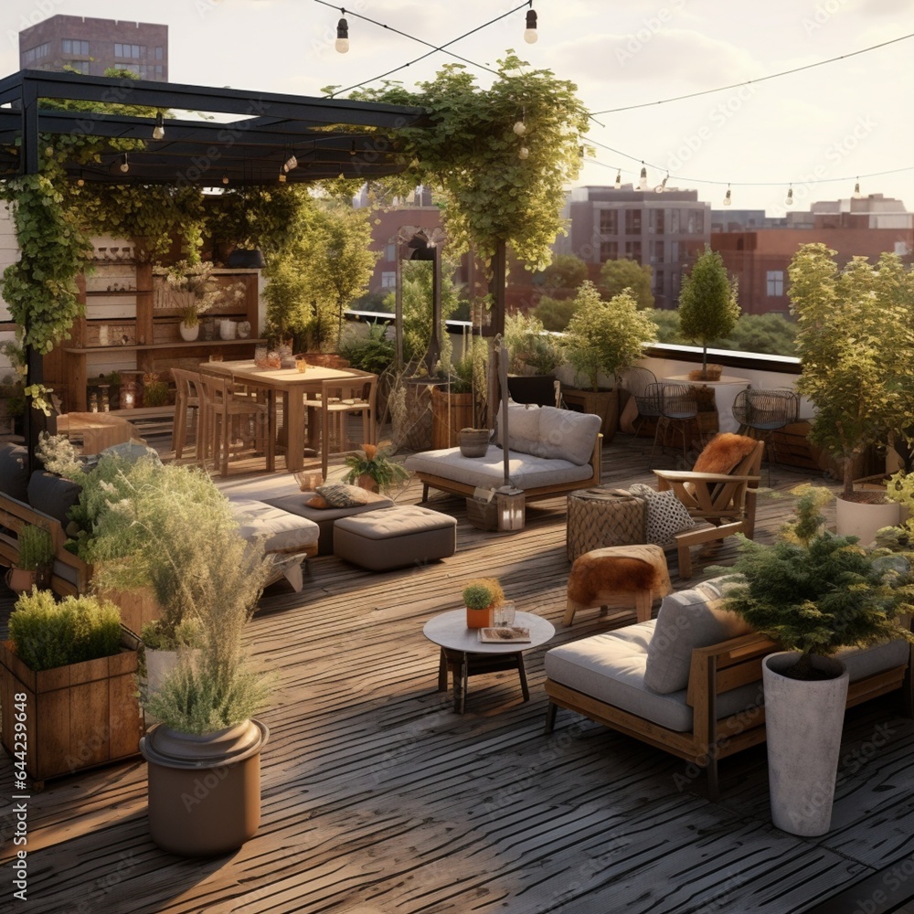 Craft a minimalist urban rooftop garden with lush greenery and comfortable seating areas