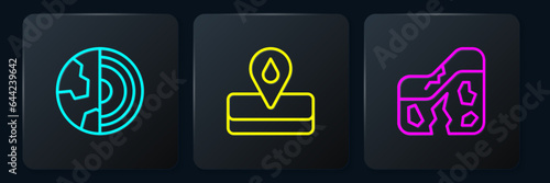 Set line Earth core structure crust, Geological fault and Oilfield. Black square button. Vector