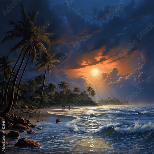 Craft a peaceful monsoon evening by the sea  with palm trees swaying in the breeze and gentle waves under a soft  rain-washed sunset