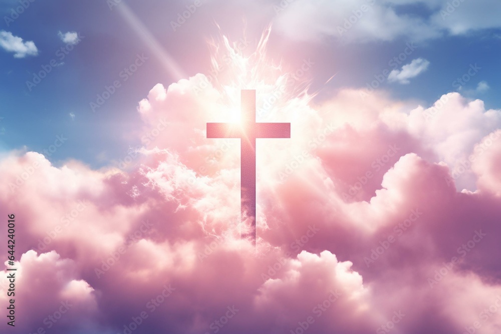 A bright Christian cross in the sky with soft fluffy clouds and a light shining as hope, love, and freedom. Generative AI