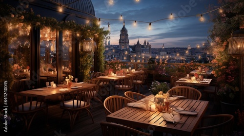 Craft an image highlighting the ambiance of an open-air rooftop restaurant with panoramic city views, candlelit tables, and a trendy atmosphere