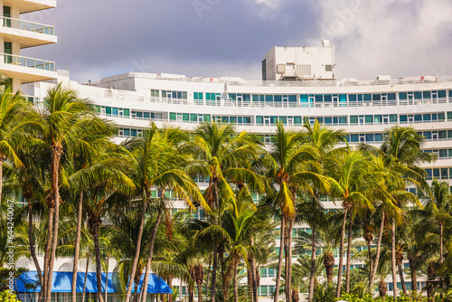 View of building behind palm trees on cloudy sky background. Miami Beach. USA. © Alex