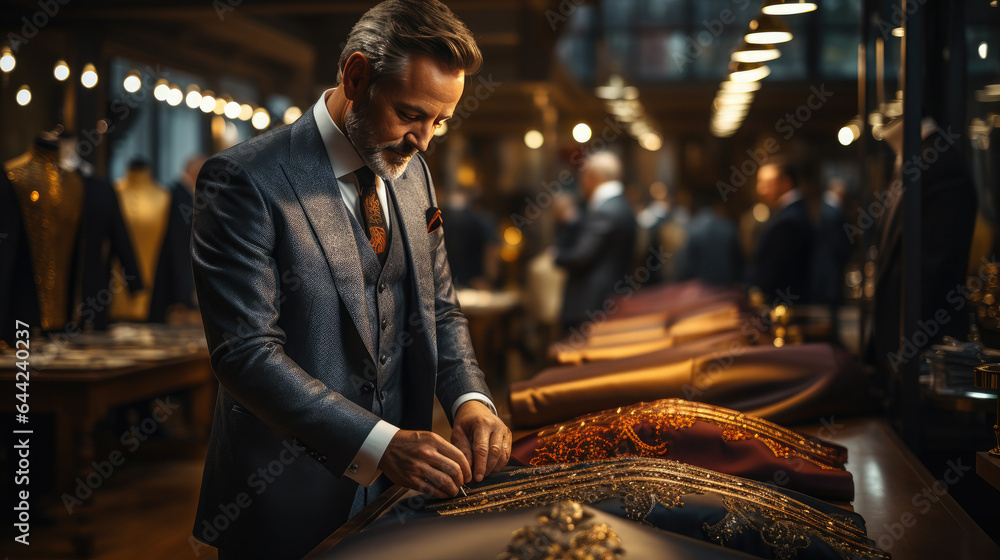 Generative AI, a tailor in an expensive suit sews a jacket to order for