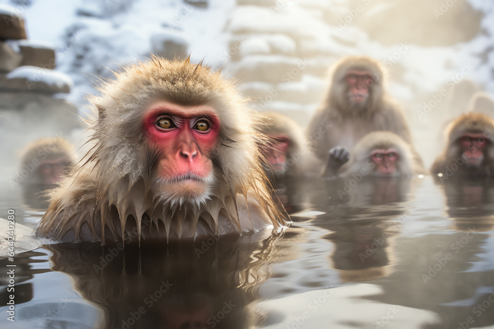 Naklejka premium a group of monkeys relaxing in the water