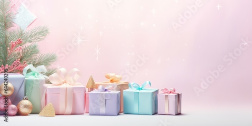 Merry Christmas and Happy new year. Festive background with gift boxes. Christmas gift box