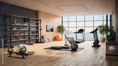 Craft an image that highlights the functionality of a modern home gym with state-of-the-art equipment and motivational wall art