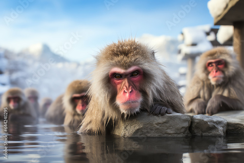 a group of monkeys perched on a rock near a serene body of water © DCoDesign