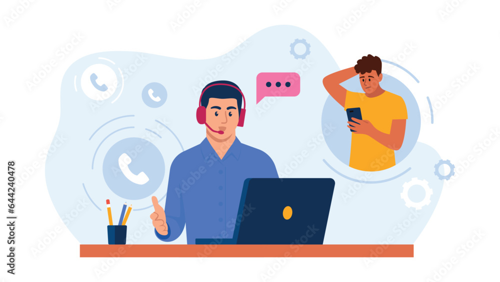 Vector illustration of a call center operator. Cartoon scene with a call center operator sitting at a desk with a laptop in headphones with a microphone and processing a call and informing a customer.