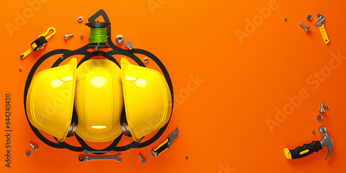 Fototapeta Naklejka Na Ścianę i Meble -  Halloween pumpkin made of protective helmets. 3d render illustration on engineering, construction and architecture theme.