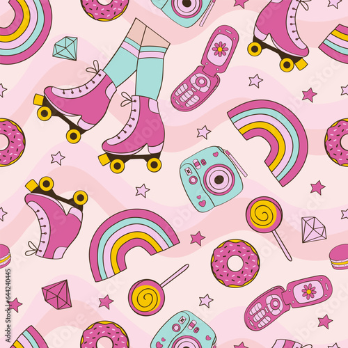 pink seamless pattern with  girl stickers,  rainbow, donut, telephone