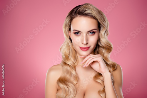 Photo of chic lady touch chin look mirror enjoying soft silky skin isolated pastel color background