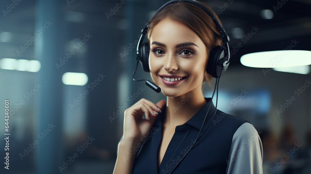 Beautiful female sales representative in call center Beautiful female sales representative in call center