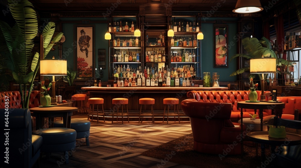 Craft an image that showcases the atmosphere of a retro cocktail lounge, with a well-stocked bar, mixology expertise, and vintage charm