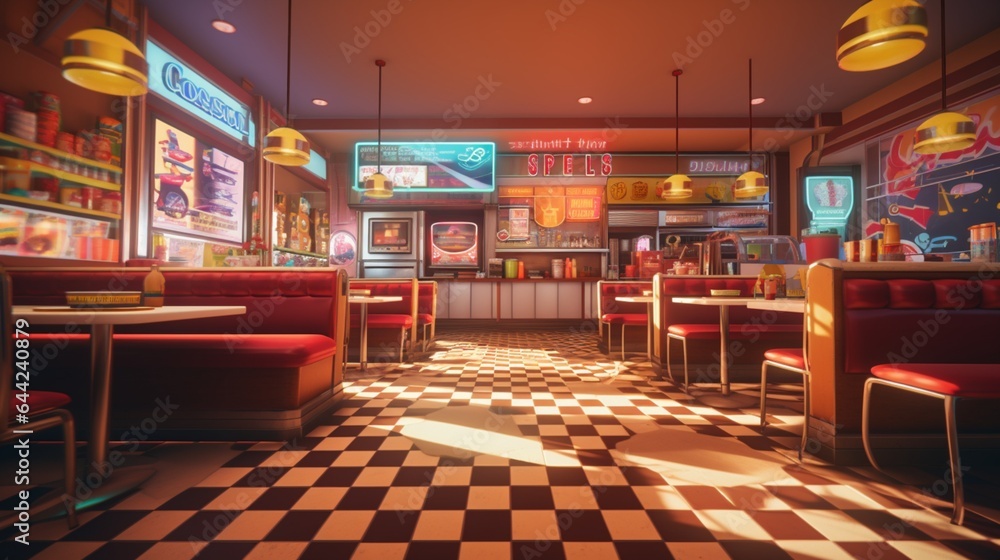 Craft an image that showcases the atmosphere of a retro diner, with neon signs, checkered floors, and classic diner booths - obrazy, fototapety, plakaty 