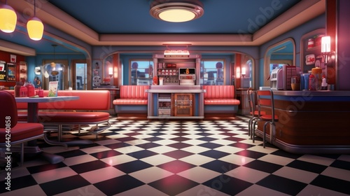 Craft an image that showcases the atmosphere of a retro diner, with neon signs, checkered floors, and classic diner booths © Muhammad