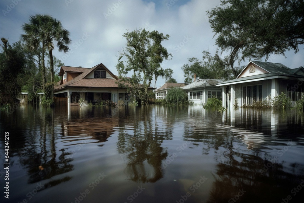 Houses in Florida underwater; aftermath of Hurricane Ian. Generative AI