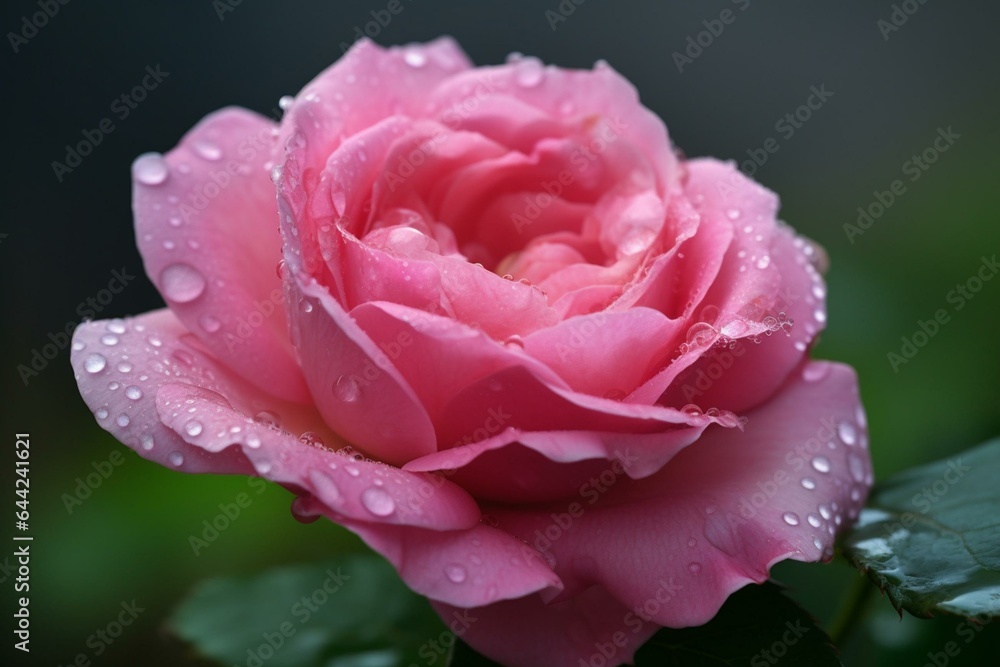 Close-up of pink rose with dew, in rain, against a light background. Generative AI