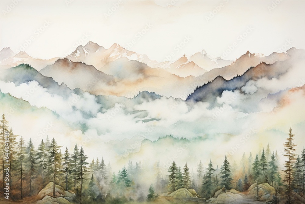 Panoramic painting of mountains and trees with watercolors. Generative AI