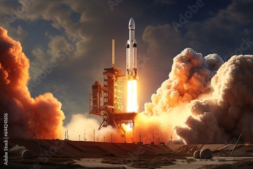 Digital illustration of SpaceX Falcon 9 rocket and capsule launching, with elements from NASA. Generative AI