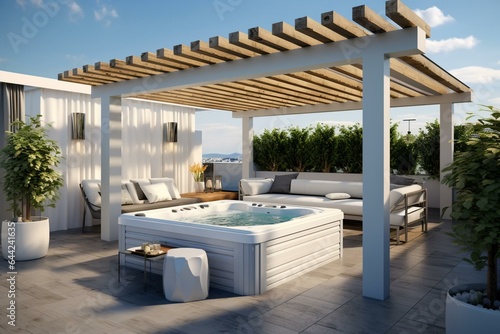 Leinwand Poster 3D white pergola with jacuzzi and barbecue on an urban patio