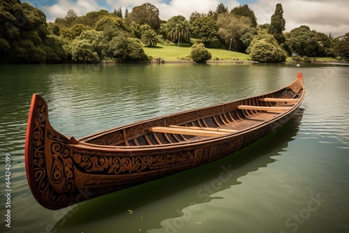 Traditional New Zealand Maori waka boat canoe. Generative AI photo