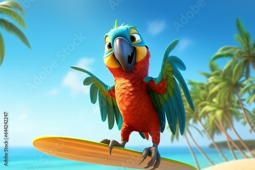 Cartoon parrot with surfboard on the beach - 3D Illustration