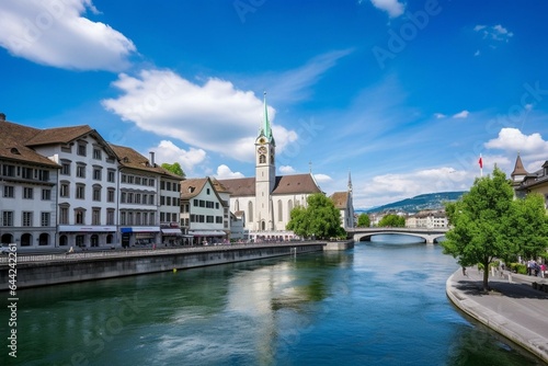 Scenic Zurich with churches, river, and lake on a sunny Swiss summer day. Generative AI © Artur