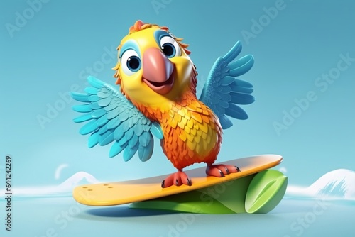 Cartoon parrot surfing on surfboard. Cartoon parrot with surfboard. Cartoon character . 3D Illustration © vachom