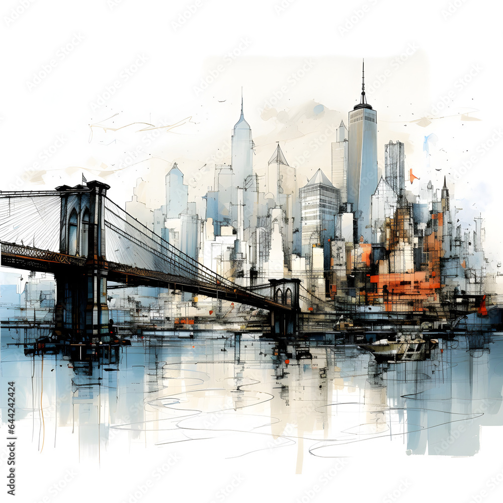 Sketch of New York City skyline from across the river