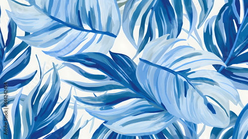 a tropical blue pattern with white leaves