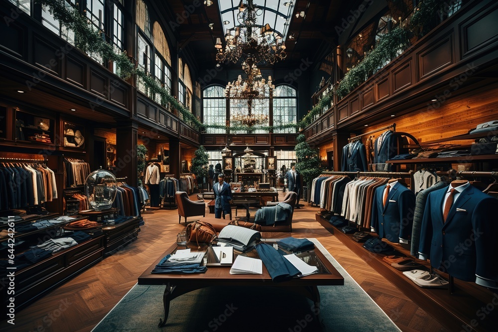 A view of the inside of a male clothing store High quality photo