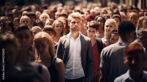 The concept of being distinctive in a crowd, featuring a blonde man who stands apart from a large gathering of people