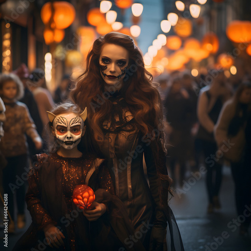 Festive Halloween Street: Woman and Girl with Spooky Face Paint amidst Lantern Garlands