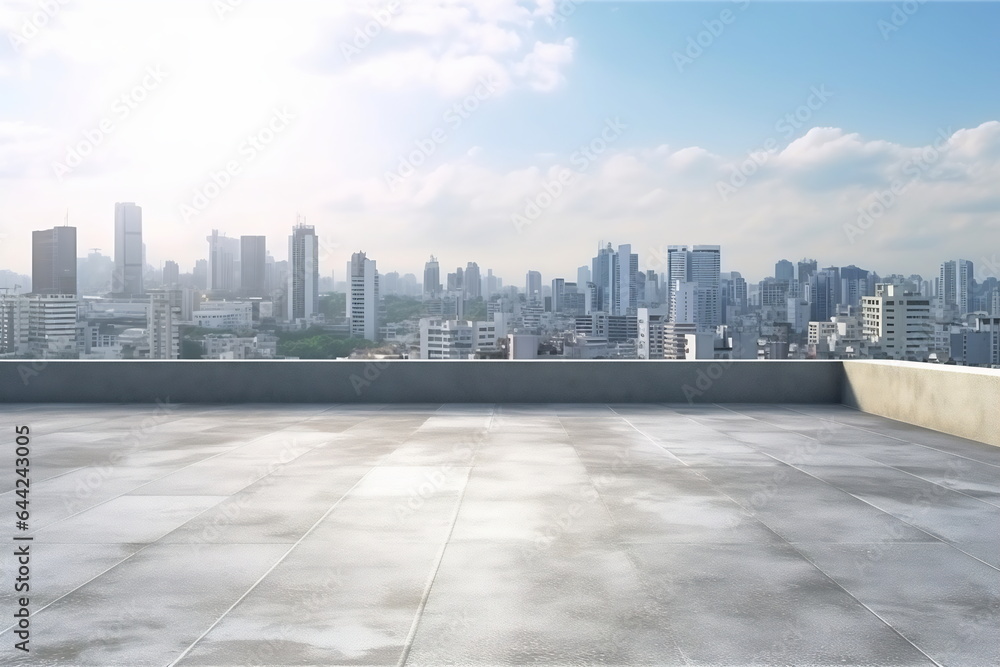 Fototapeta premium Empty concrete rooftop on the background of a beautiful cityscape skyline at daytime, mockup