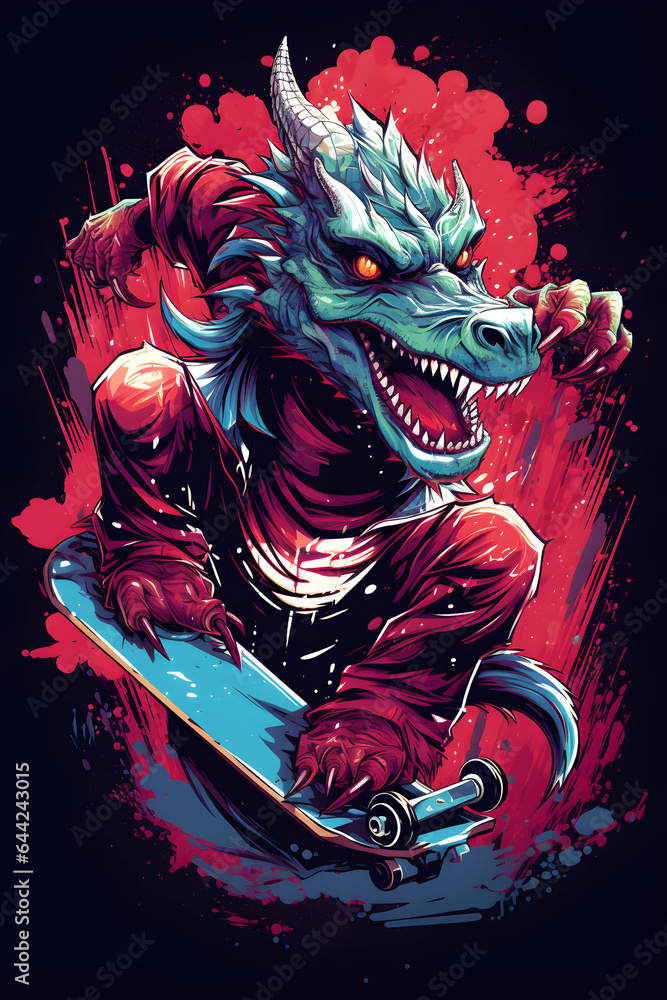 Sticker dragon skater, t-shirt design, black background